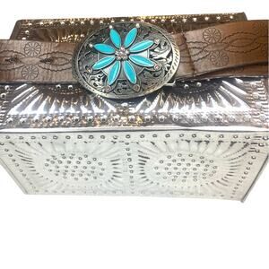 Leather Belt Silver Flower Buckle Turquoise Western Tooled Womens 9 Brown
